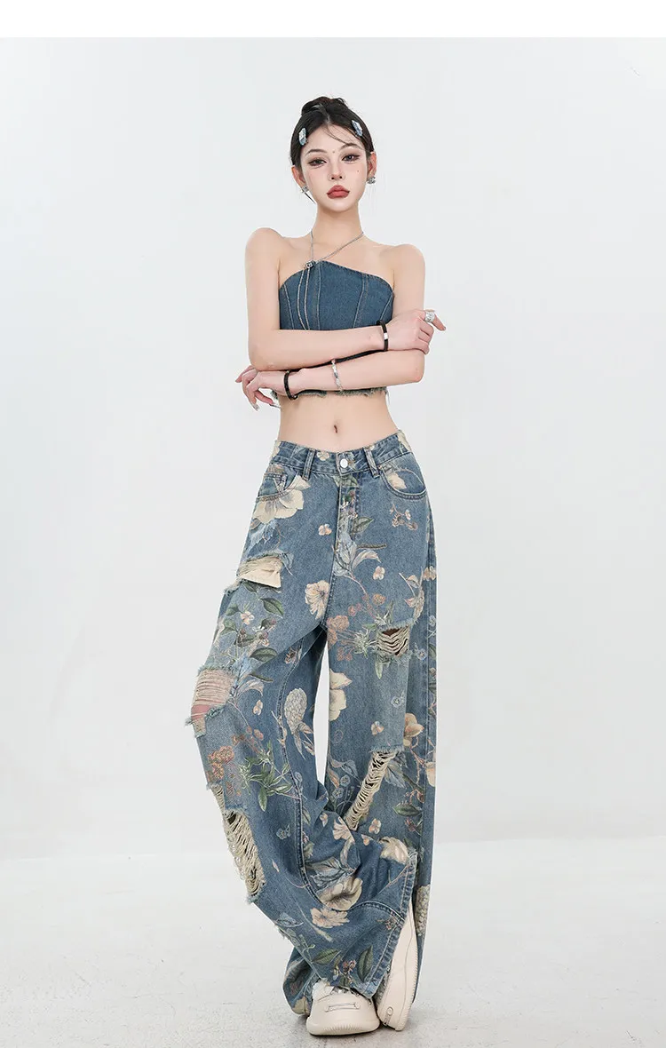 

Y2k New printed ripped jeans for summer, loose design, straight leg, floor length, wide leg pants