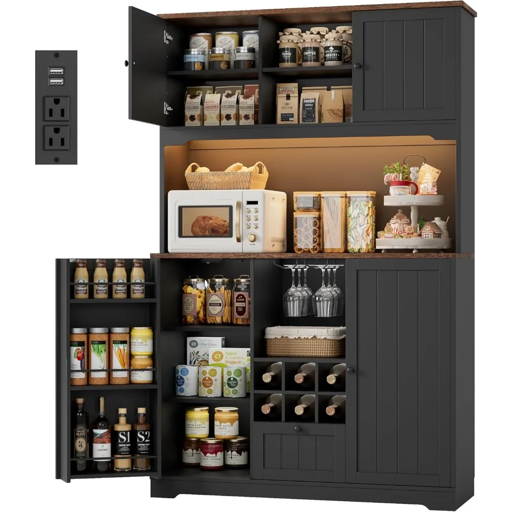 71 Pantry Cabinet with LED Light and Charging Station, Kitchen Pantry Cabinet with Microwave Stand, Kitchen Hutch Food
