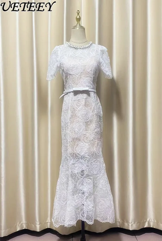 Primavera novedad de verano vestido largo de encaje de manga corta con cuello redondo elegante de cintura alta ajustado vestidos de fiesta de longitud media para mujer