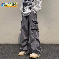 Men's Summer Streetwear Elastic Waist Y2K Baggy Cargo Pants Trousers Hip Hop Loose Women Wide Leg Pants Male Korean