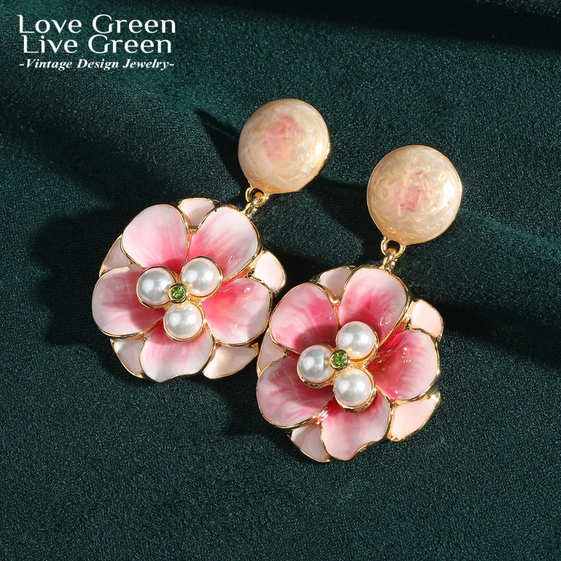 

Vintage Peach Blossom Flower Earrings With Pearl For Woman Drop Gold Color Large Big Accessories Luxury Jewelry Designer Wedding
