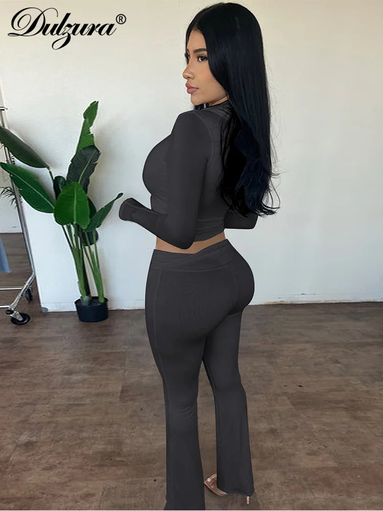 Dulzura Solid Casual Sports 2 Piece Pants Set Long Sleeves Zipper Hoodie And Flare Pants Matching Set Streetwear Autumn Winter