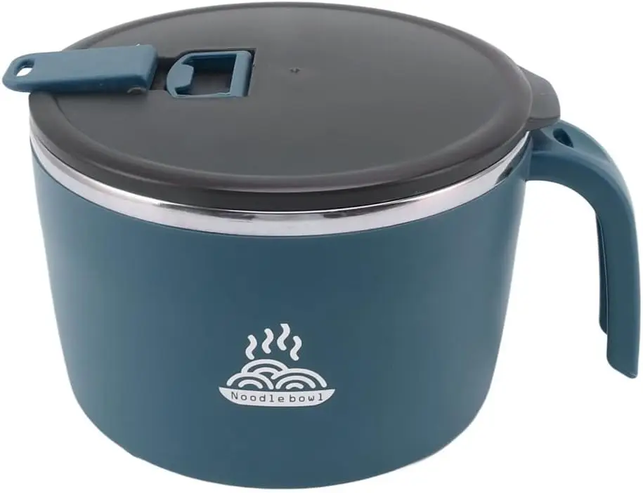 304 Stainless Steel Noodle Bowl, 1300ml Double Layer Insulated Ramen Bowl with Lid & Handle, Microwave Not Supported,