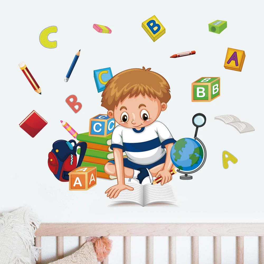 

Cartoon boy study sticker for kids room school classroom decoration self adhesive wall decor