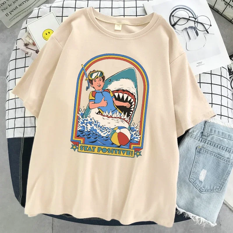 Female Cotton Oversized T Shirt Fashion Casual Clothes Soft Street Tshirt Stay Positive Even If Eaten By Sharks Print Tshirt