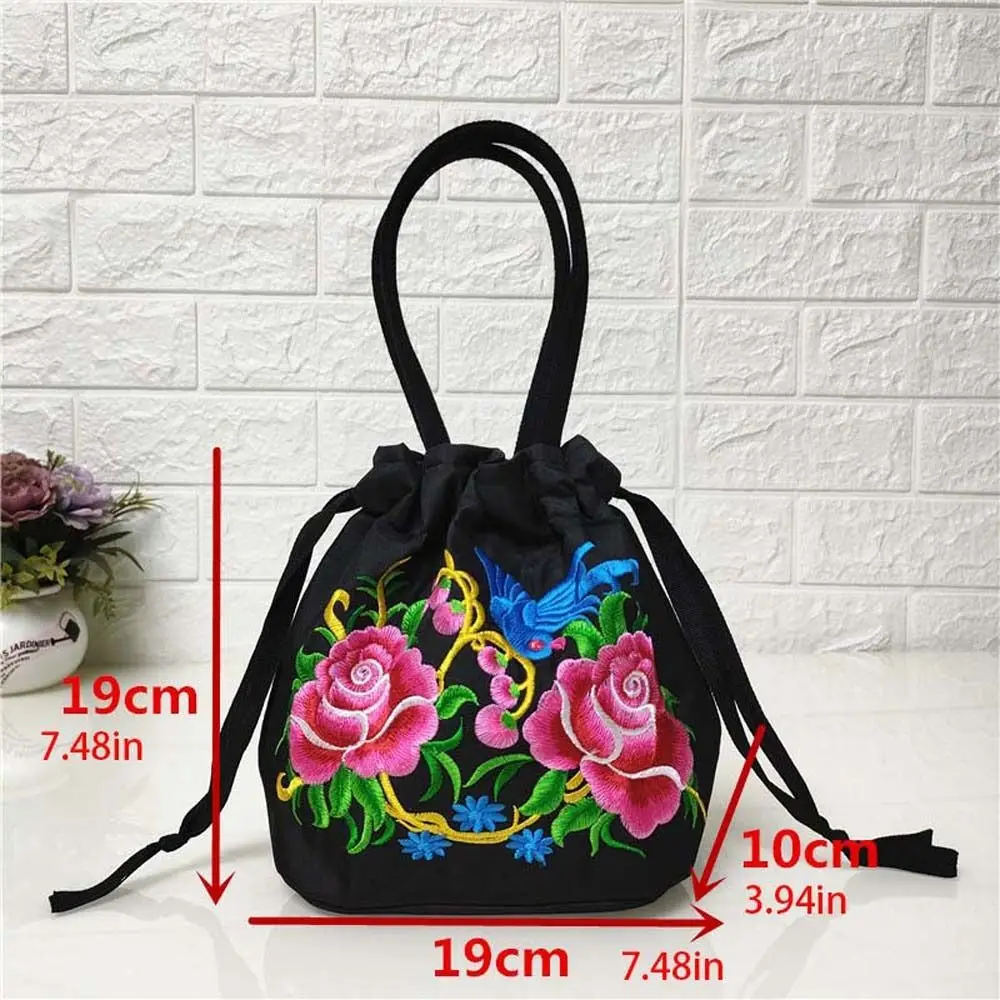 Satin Silk Hanfu Drawstrings Bag Rose Flower Ethnic Style Embroidery Flower Handbag Mommy Bag Bucket Bag Small Purse Wallet