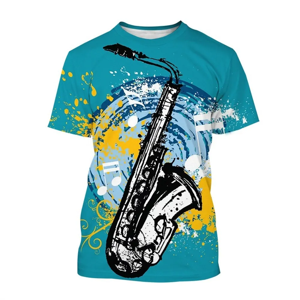 Men's Round Neck T-shirt Music Saxophone Print Summer  Casual Short Sleeve Oversized T Shirt Fashion Tee Tops Trend Men Clothing