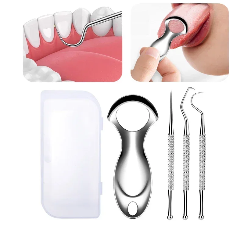 Toothpick Tongue Scraper Set Reusable Portableteeth Cleaner Mini Stainless Steel Oral Cleaning Health Hygiene Care