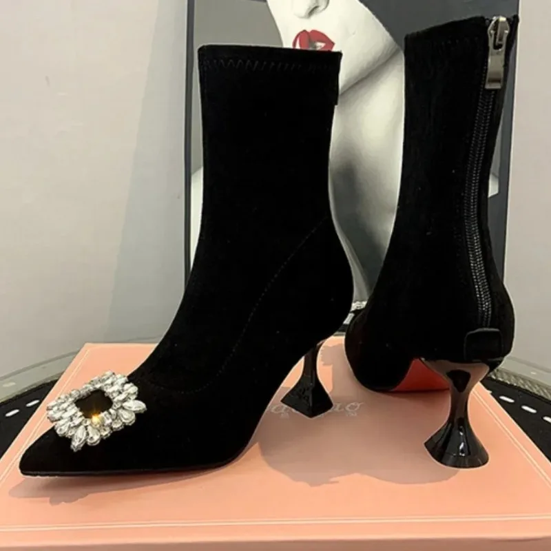 New Women Boots Luxury Rhinestone Suede Stretch Boots Fashion Pointed Tip High Heeled Boots for Woman Designer Shoes Botas Mujer