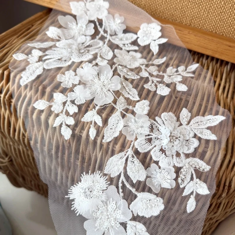 1 Pair Wedding Custom Beaded Appliques Ivory Lace Flowers Tulle Embroidered Lace Floral Bridal Veil Accessories Set