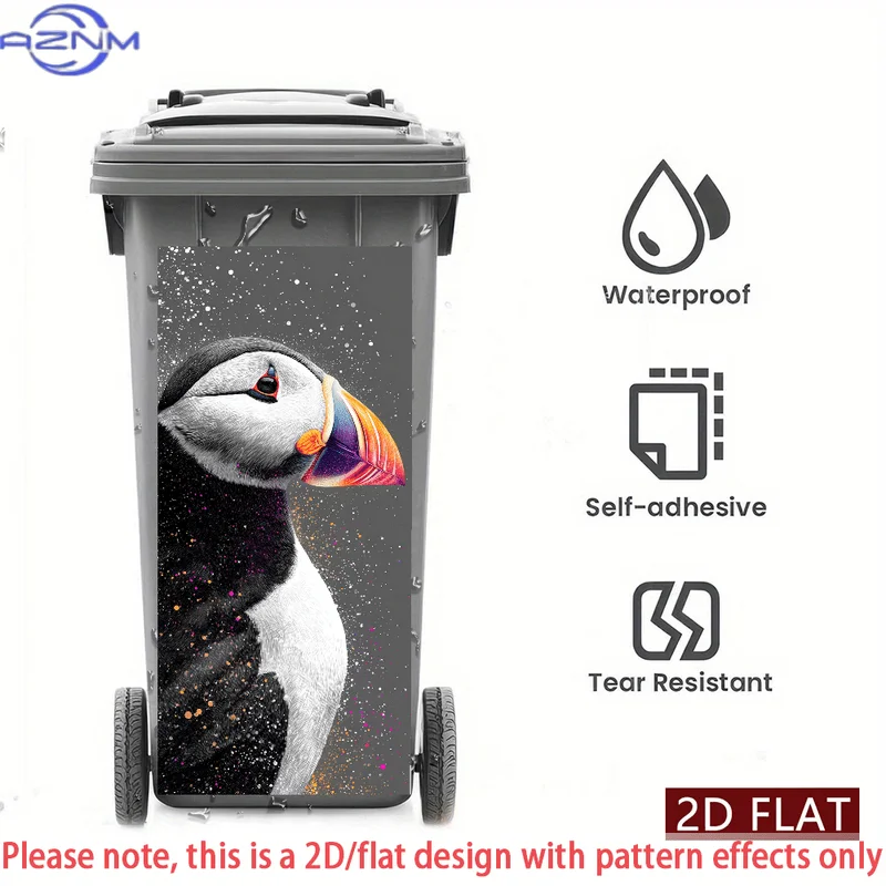 Self-Adhesive, Waterproof PVC Sticker Featuring a 2D/Flat Puffin Design, Perfect for Decorating Trash Cans Or Walls. It Has a view 4