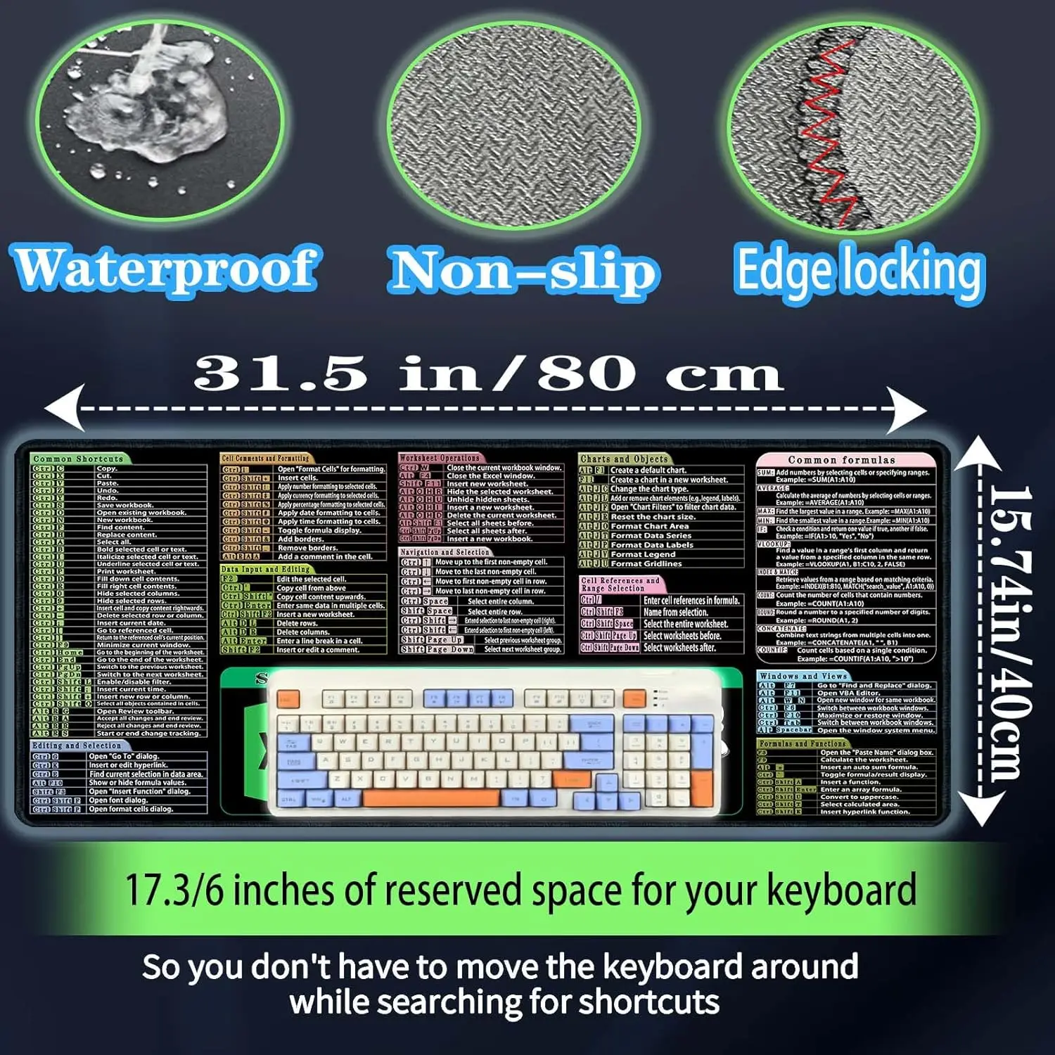 Non-Slip Waterproof Mouse Pad,Excel Cheat Sheet Desk Pad,Office Shortcut For Excel,Gaming Computer Mat, Keyboard Desk Mousepad