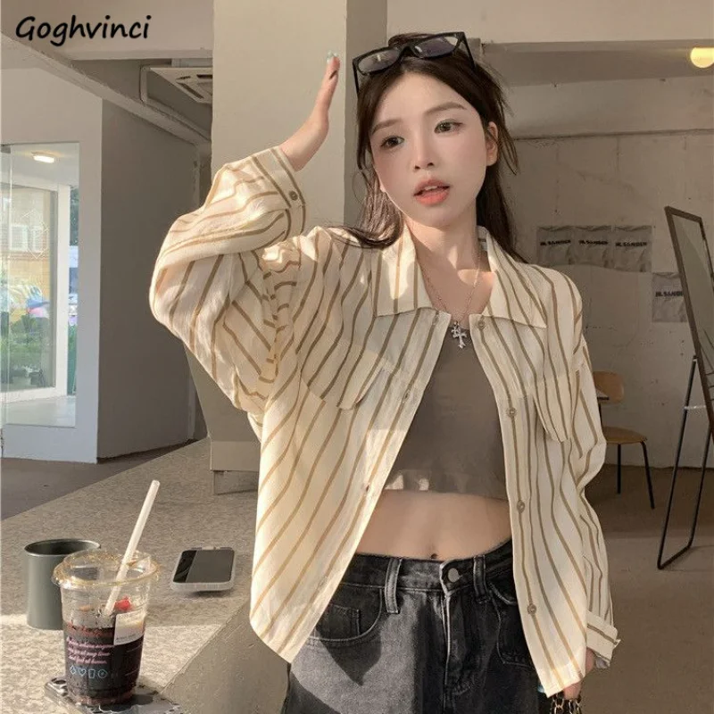 Shirts Women BF Style Autumn Stylish Feminine Striped Vintage Simple Chic Minimalist Streetwear Holiday Casual All-match Tops