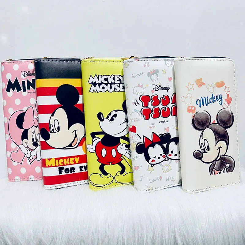 Disney Woman Long Wallet Cartoon Mickey Mouse Coin Bag Cute Minnie PU Leather Girl Card Package Children Holder Clutch