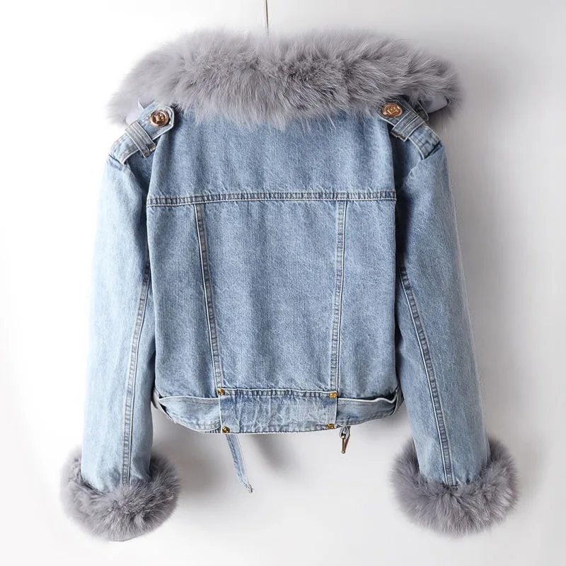 Winter Thickened Women\'s Jeans Jacket Fox Fur Collar Removable Casual Denim Jacket Coat Blue Women Clothing Short Racer Jacket