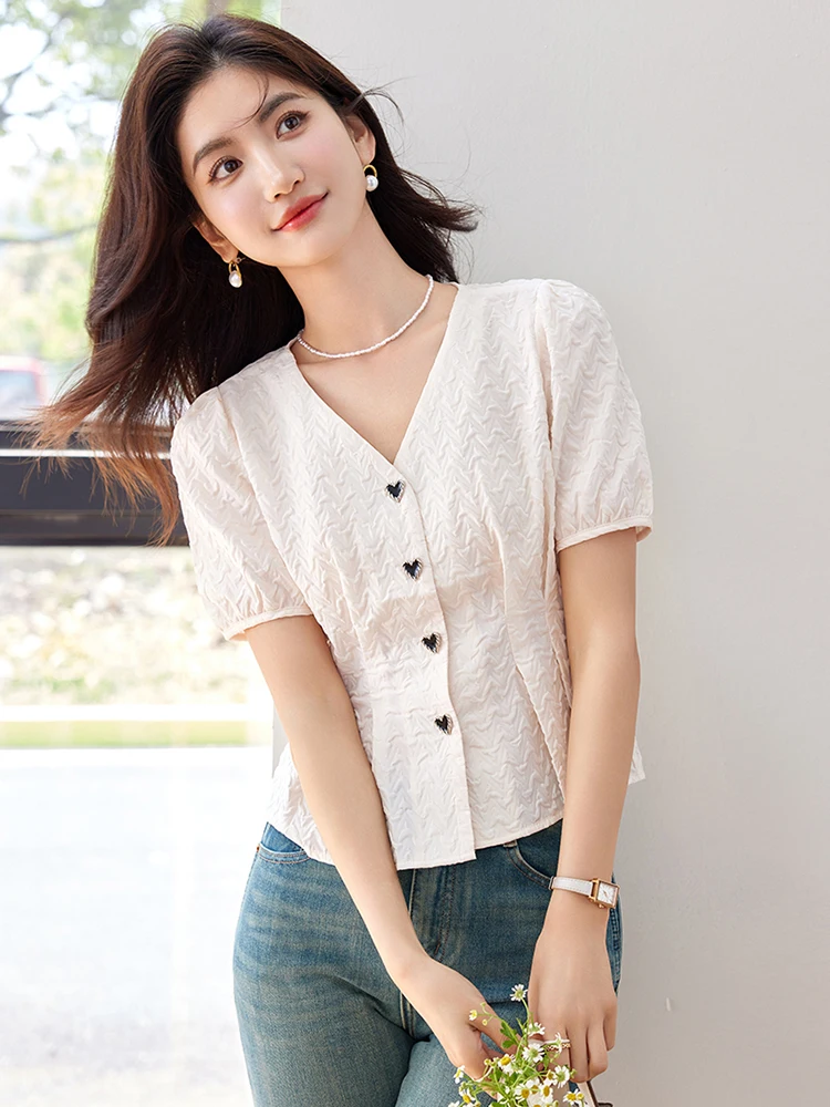 2024 New Summer V-Neck Short Sleeve Blouse Women Chic Design Shirt Fashion Slim Fit Tops