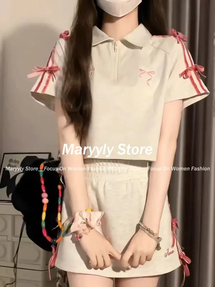 Summer American Y2K 2 Piece Skirt Set Women Casual Sweet Bow Short Sleeve T-Shirt + Cute Slim Mini Skirt Harajuku Sport Suits