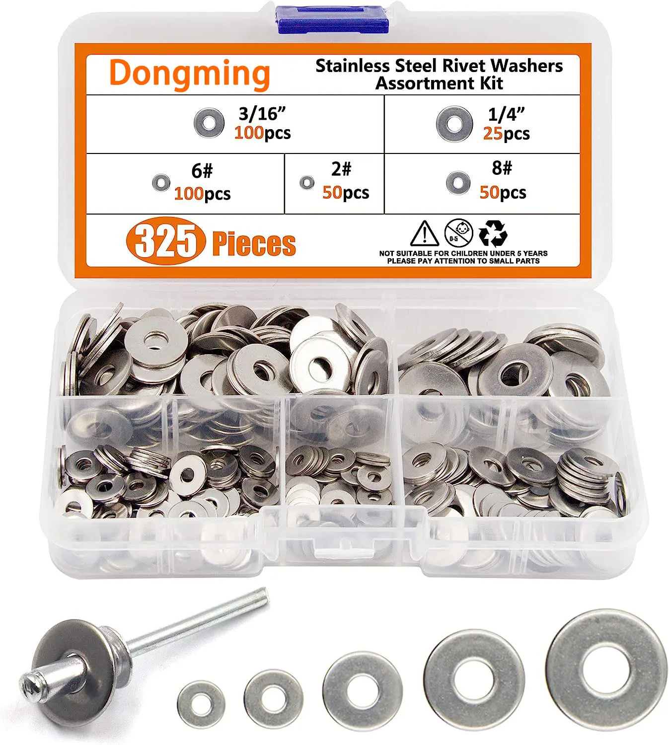 325pcs Flat Washer Set, 304 Stainless Steel American Flat Washer 2 # 6 # 8 # 1/4 3/16 Box