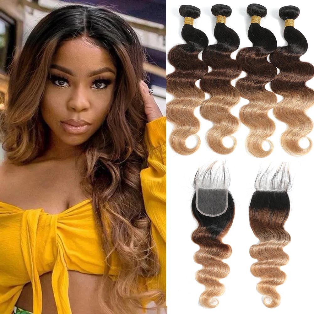 Ombre Color Body Wave Human Hair Bundles with closure Brazilian human hair 1b/4/27 Hair Weave Bundles human Hair Extension 4x4