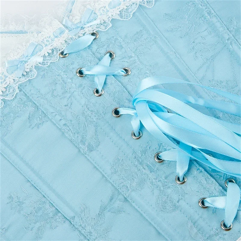 Sexy Sky Blue Vintage Jacquard Overbust Corset Pearl Buttons Lace Decorative Side Zipper Body Shaper Bustiers Tops