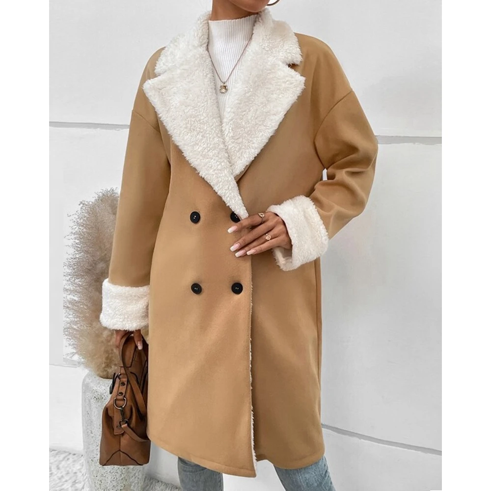 Winter Fashion Women Casual Teddy Double Breasted Nothched Fluffy Coat Femme Trendy Elegant Colorblock Long Sleeve Overcoat traf