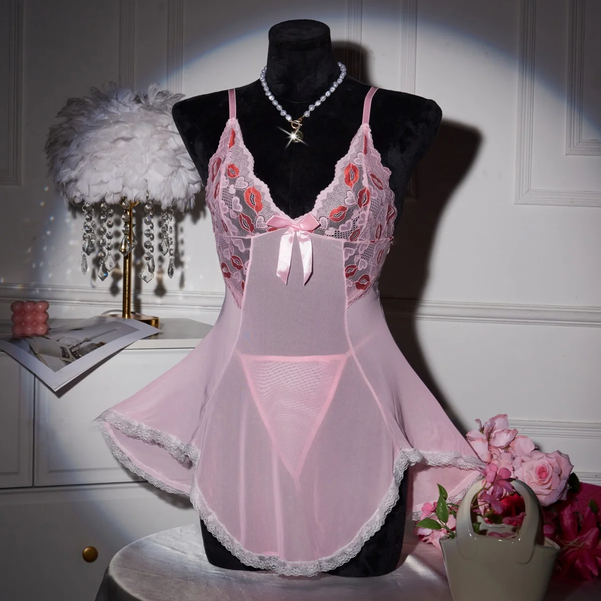 

Summer Night Dress Sexy Pink Lingerie Women's Lace See Through Pajamas Stylish And Sensual Underwear Set Hot Exotic Nightdress﻿