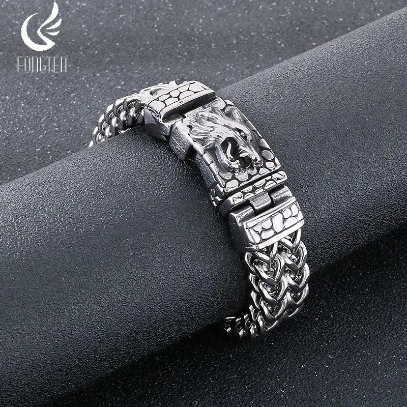 

Fongten Man's Stainless Steel Bracelet Thick Double Row Woven Chain Carved Dragon Head Pattern Rectangular Buckle Jewelry Gifts