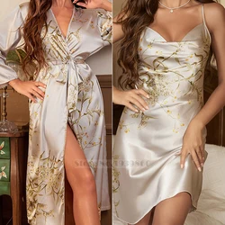 Female Nighty&Robe Set Print Cherry Sleepwear Nightgown Spring Summer Kimono Bathrobe Gown Loose Satin Home Dress Lounge Wear