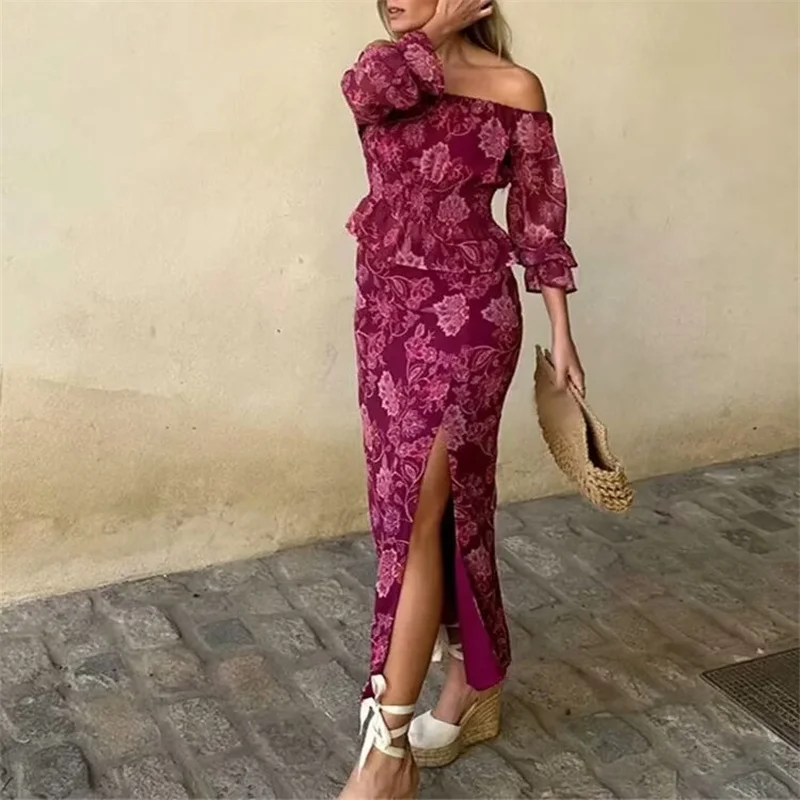 European and American style fashion print temperament suit one shoulder long sleeve shirt high waist mid-length slit skirt