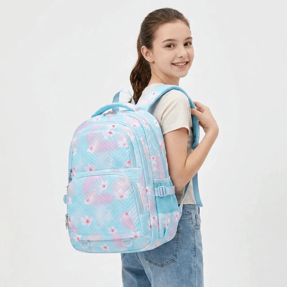 Cute Flower Printed Children Backpack Multiple Pockets Korean Style Shoulders Bag Nylon Large Capacity Student School Bag Kids