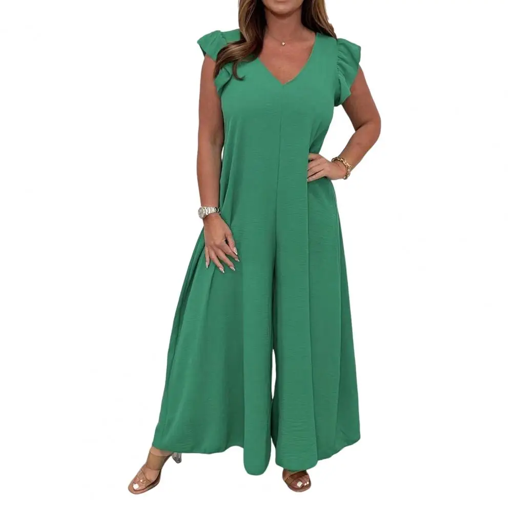 Ruffled Wide-leg Trousers Solid Casual Jumpsuit For Women Elegant Work Clothes Summer Sleeveless V Neck Loose Jumpsuits Female