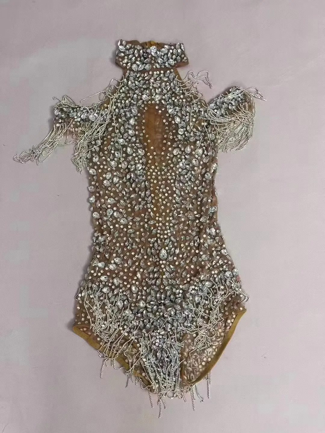 Sexy transparant zilver strass kwastje bodysuit danser zanger nachtclub bar podiumkleding elastisch kristal turnpakje danskostuum