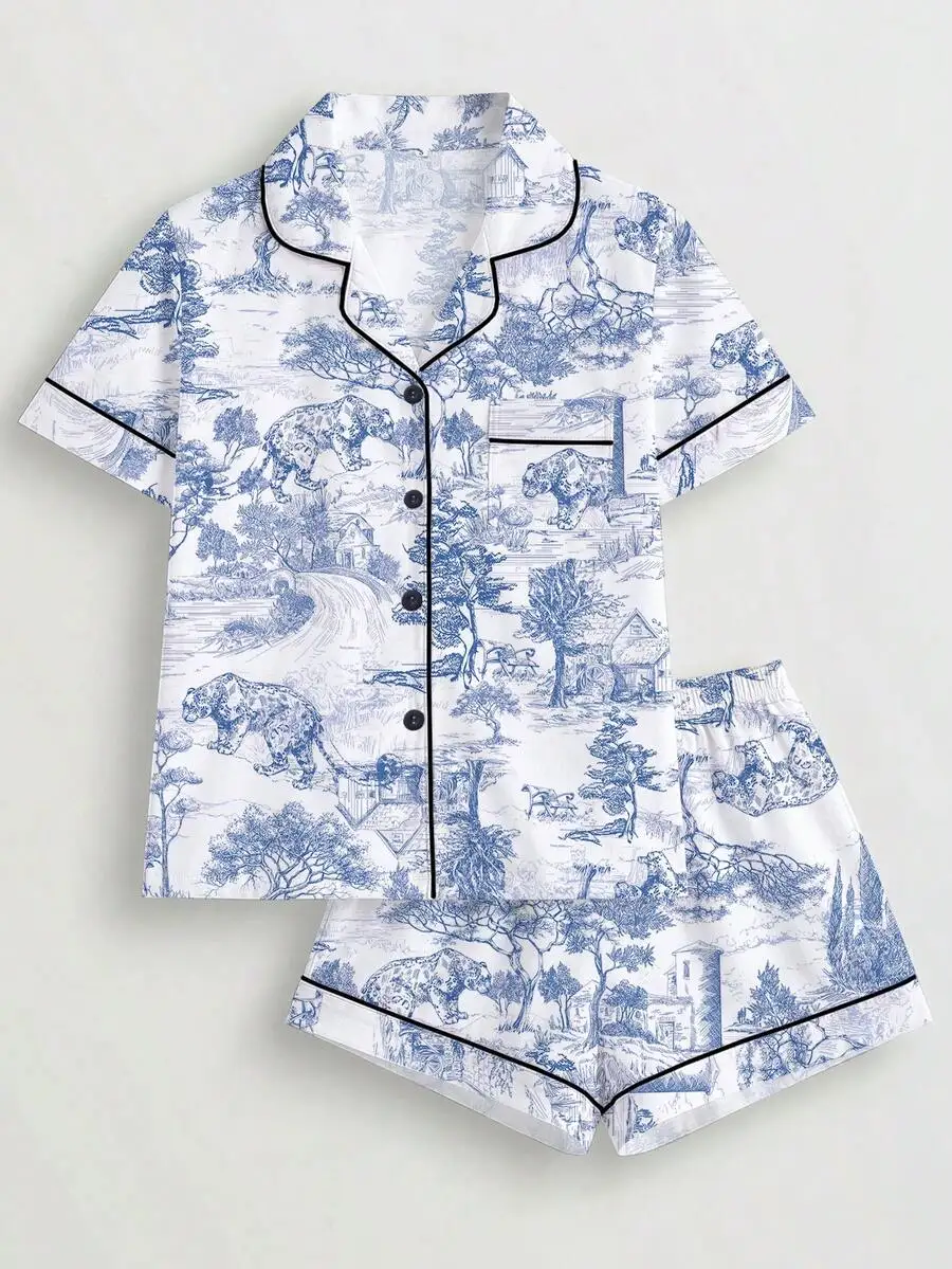 

2pcs Toile Print Women Pajama Set Short Sleeve Button Up Shirt And Elastic Waist Shorts Sleepwear