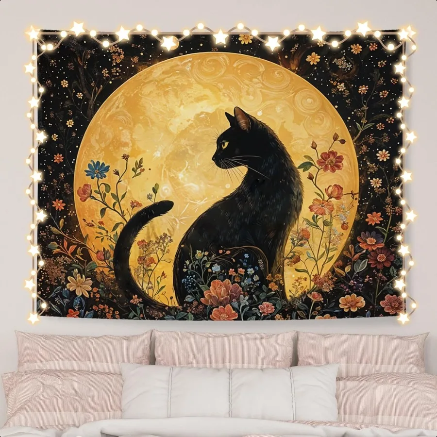 

Witchy Floral Black Cat Tapestry Mystical Moon Celestial Cat Tapestry Decorative Whimsical Dark Academia Black Kitten Wall Tape