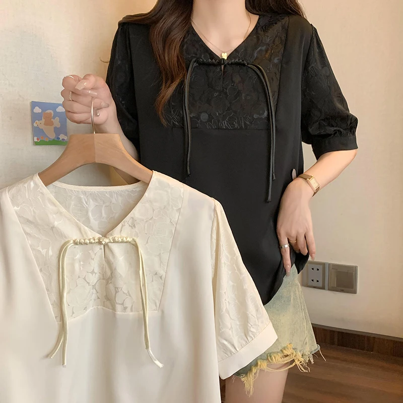 Women Chinese Style Blouse Summer V Neck Short Sleeve Shirt Thin Fashion Apricot Black Jacquard Large Size Knot Button T-Shirt