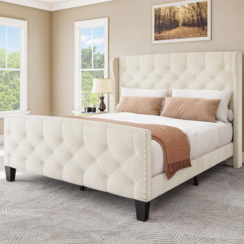 Bed Frame Queen Size, Platform Bed Frame, Velvet Headboard, Wing Back and Foot Board, Beige Upholstered Bed Frame Mattress Base