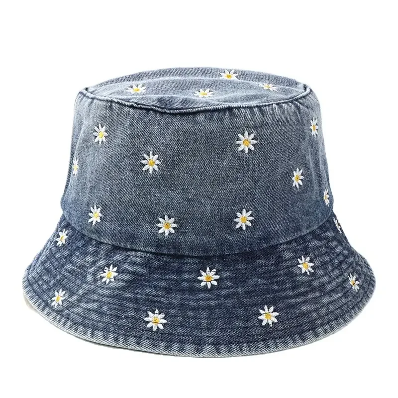 LDSLYJR Spring Denim Cartoon Flower Embroidery Bucket Hat Fisherman Hat Outdoor Travel Sun Cap For Girl And Women 158