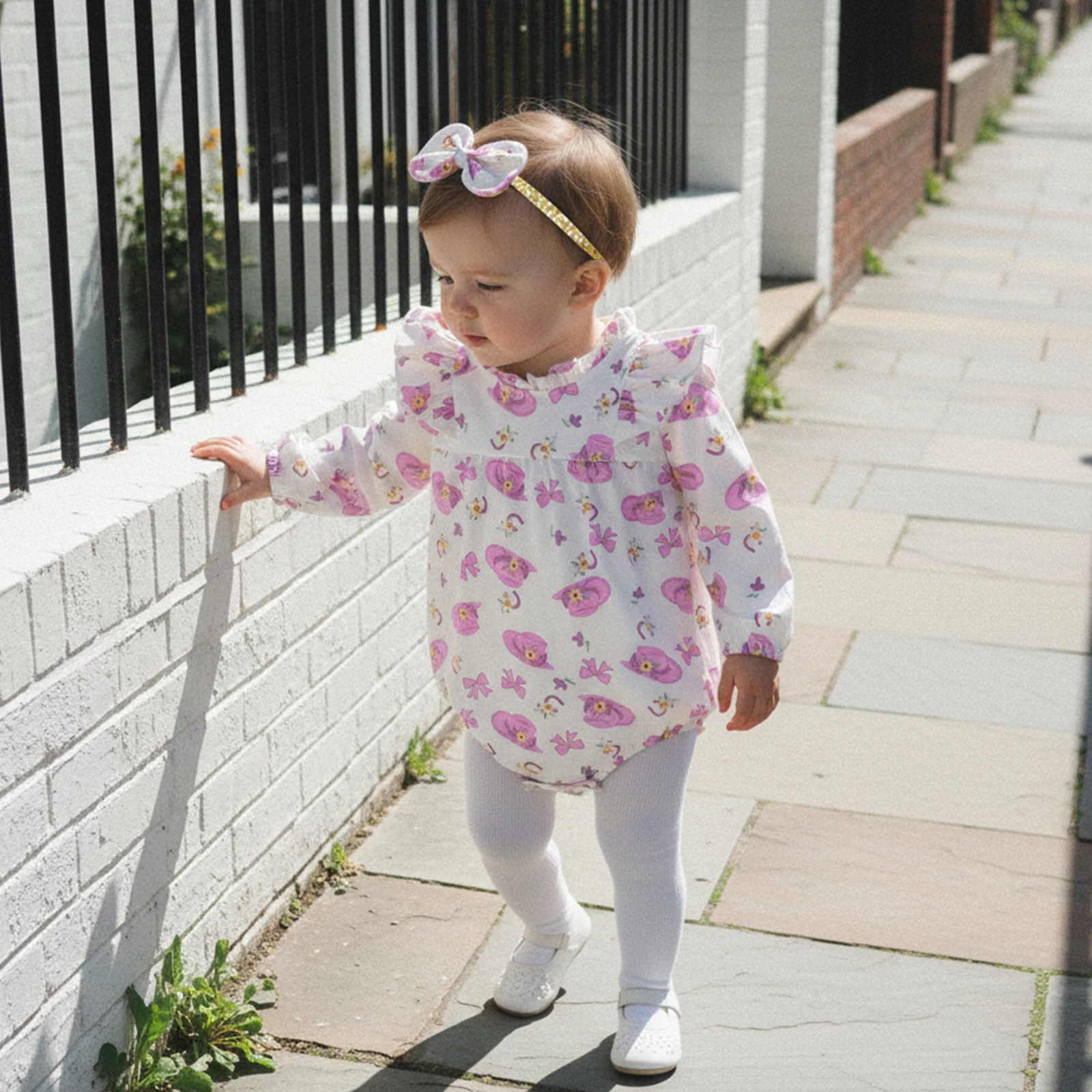 زي رومبير لطيف للفتيات حديثي الولادة، رومبير مكشكش بأكمام طويلة ورقبة دائرية وطباعة فيونكة مع ربطة شعر لملابس ربيع الخريف #3