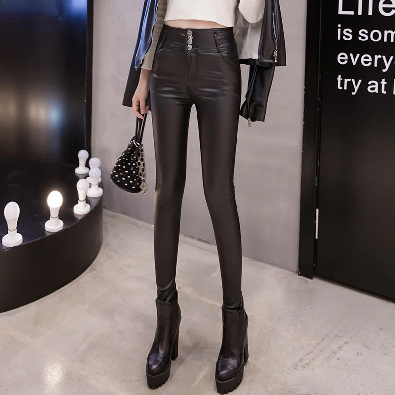 ハイウエスト裏起毛レディースレザーパンツ 2024年新作 ペンシルカットベースレイヤーパンツ 秋冬アウター