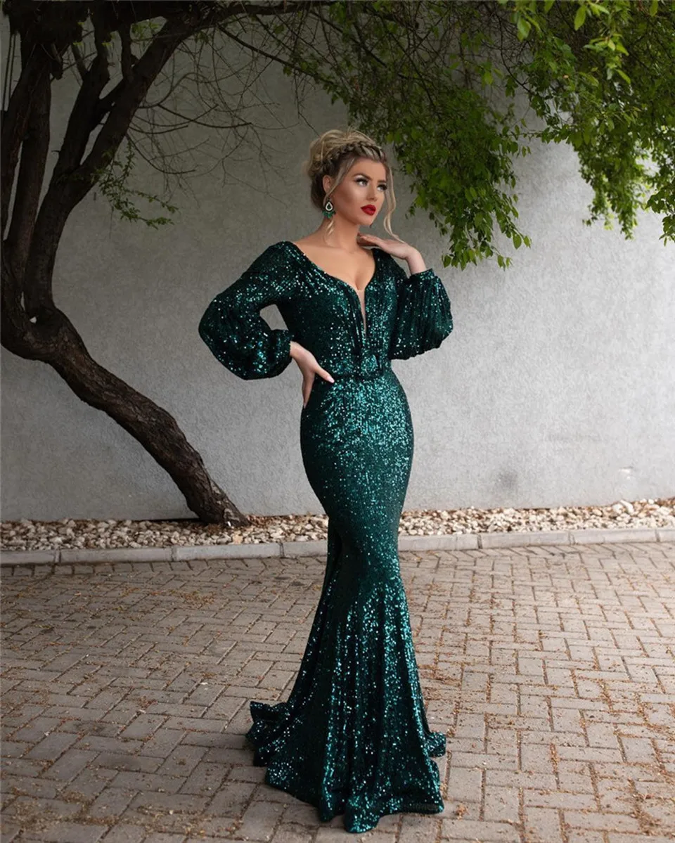 Robe de soirée sirène verte à paillettes brillantes pour femmes, robes de gala élégantes, robes longues de Rh, robe de soirée formelle, 2023