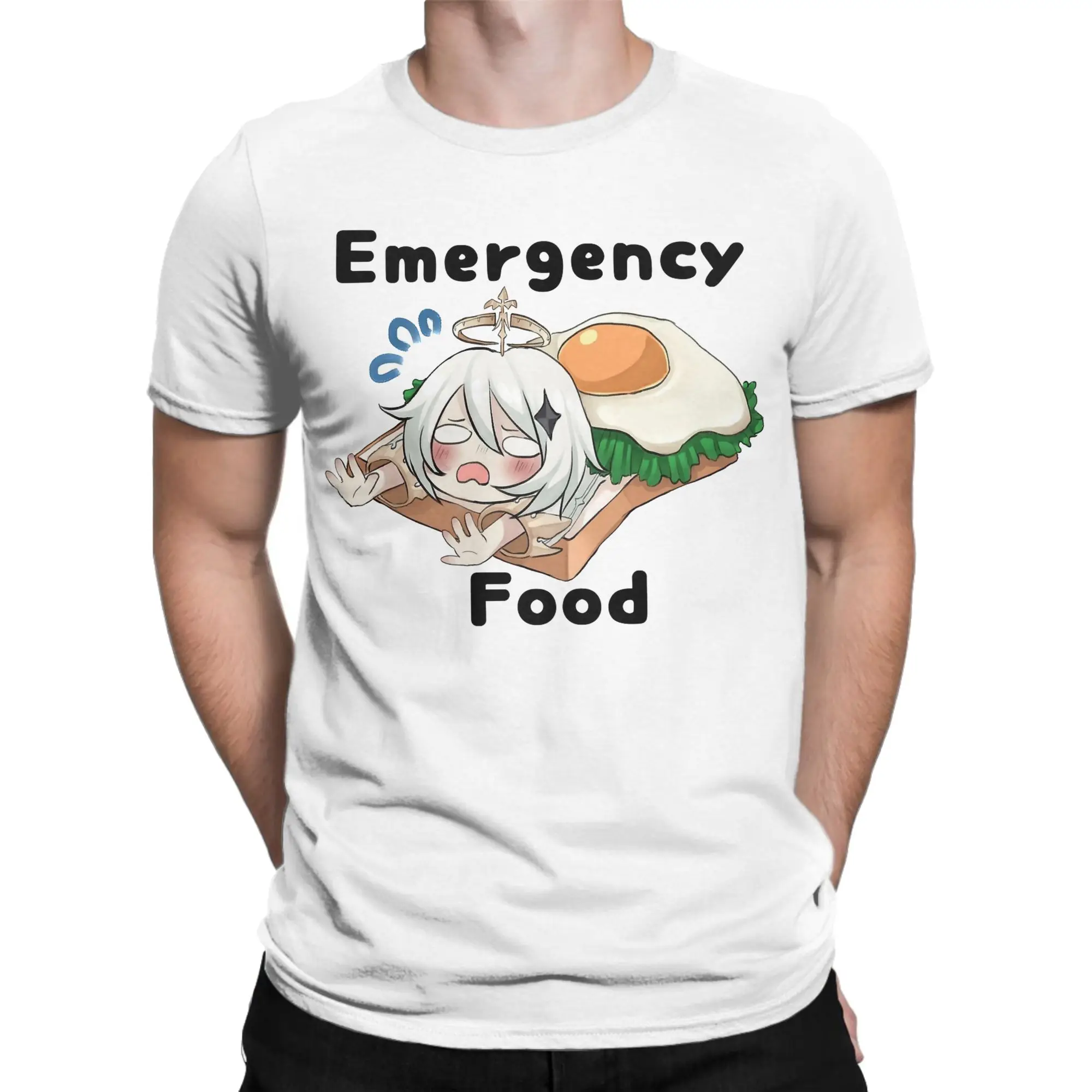 Casual Genshin Impact  T-Shirts Men Women Crewneck Pure Cotton T Shirts Paimon Emergency Food Tee Shirt Birthday Present Tops