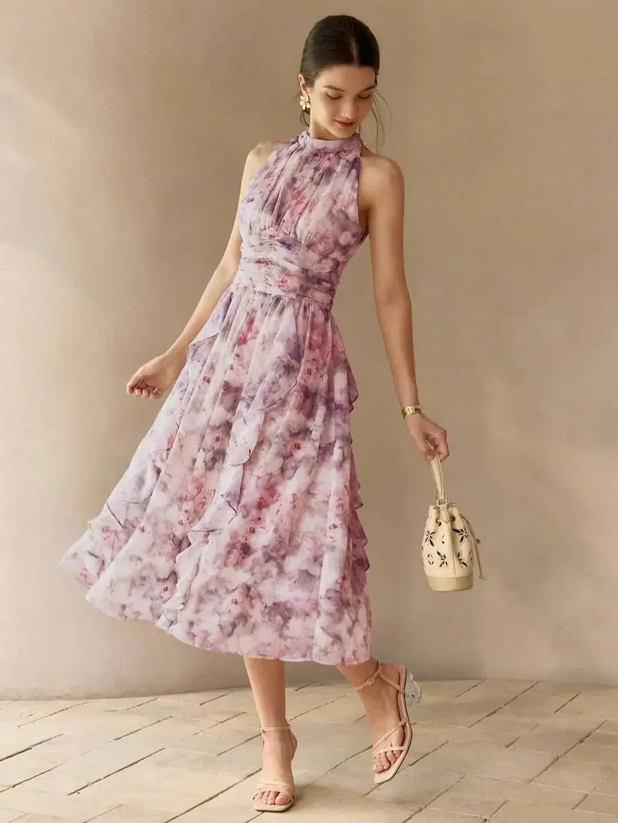 

Watercolor Floral Halter Midi Dress With High Neck, Ruched Waist, And Multi-Layered Ruffle Skirt For Women