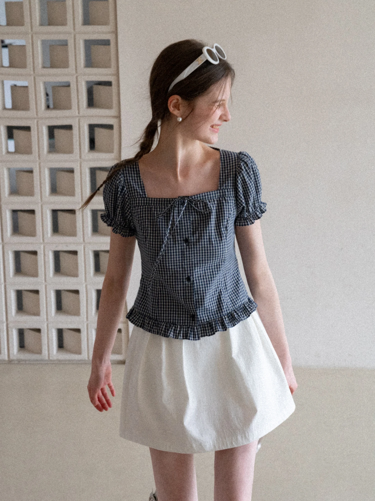 

EGGKA French Sle Plaid irt Women's Summer Slim Fit ort Sve Bubble Sve Square Collar Breathable Polyester Cotton B...