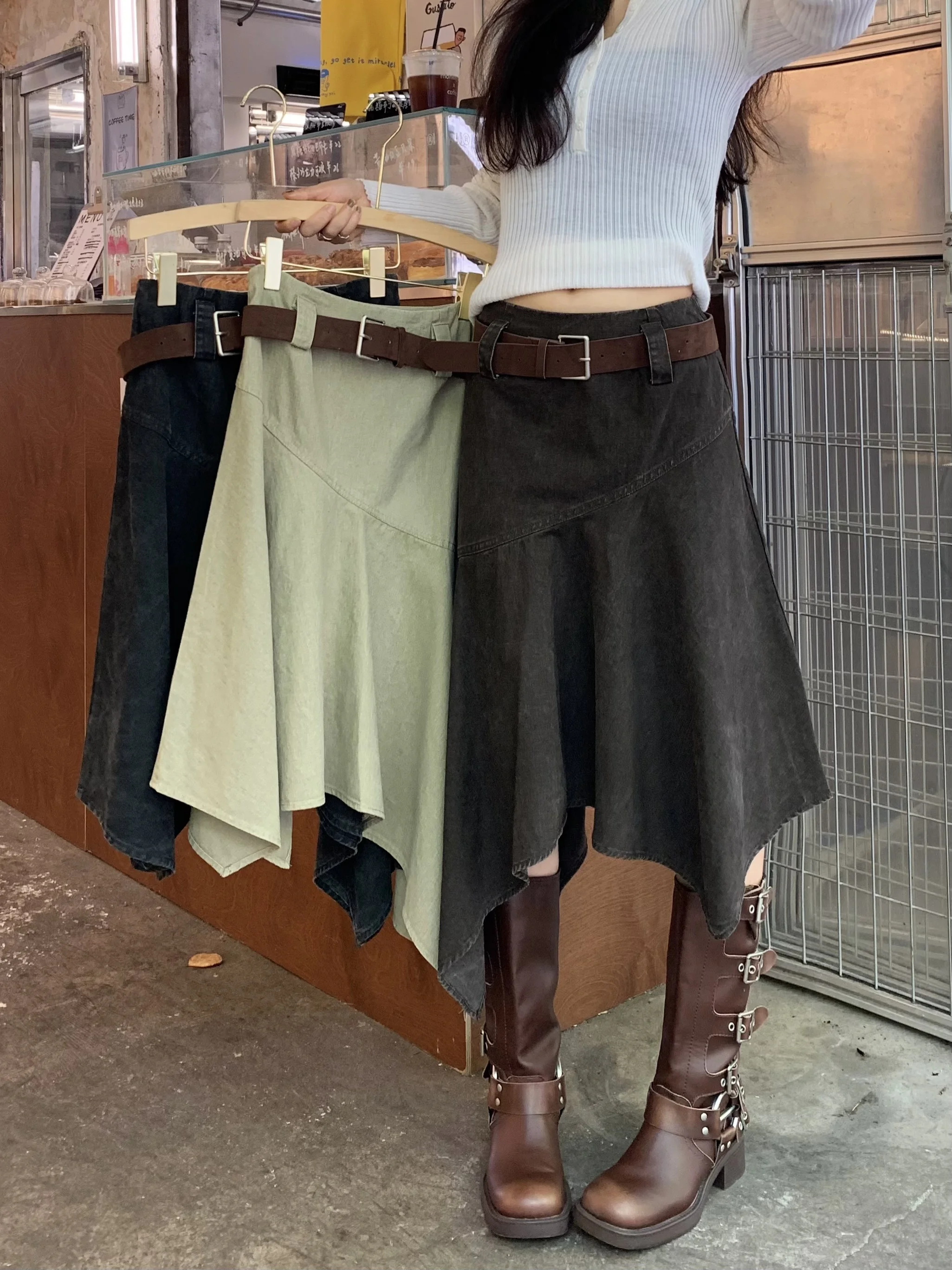 

Kumikumi винтажная асимметричная юбка-миди с высокой талией, женская свободная утягивающая юбка трапециевидной формы, Ciwalk Autumn Faion