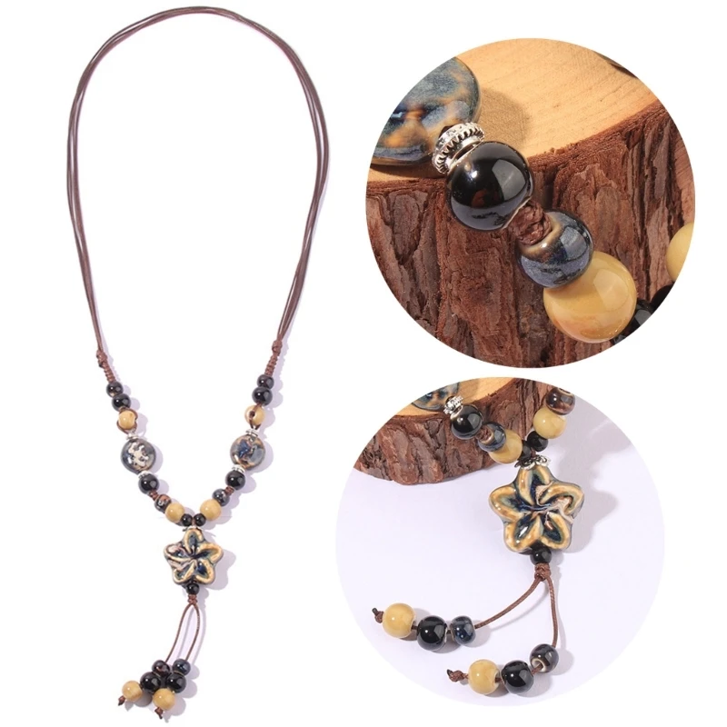 Fashion Ethnic Jewelry Weave Wax Rope Ceramics Necklace Ceramics Beads Pendant Long Necklace Traditional Ornaments