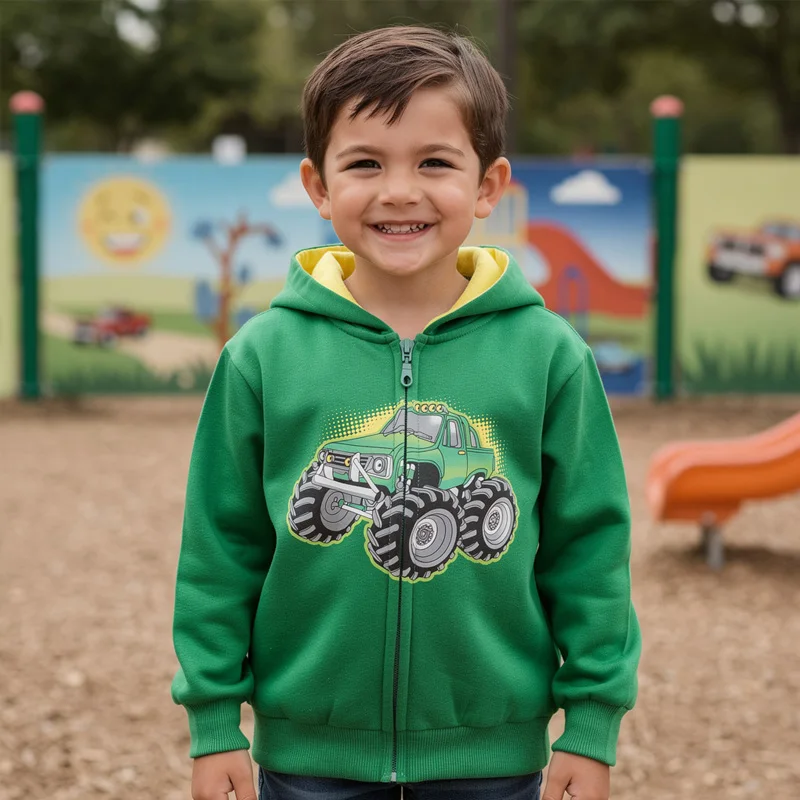 Little Hand Kids Long Sleeve Zip Up Hooded Sweatshirt Boys Cool Truck Tractor Print Casual Outer Jacket with Pocket for 2‑7Years