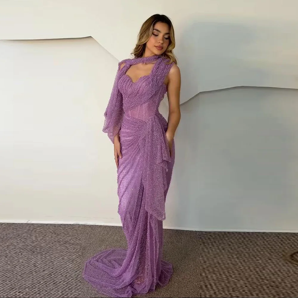 

Customized Sequin Embroidery Evening Dress with Short Cape One Shoulder Draped Prom Gown Purple Bead Long Cocktail Dresses