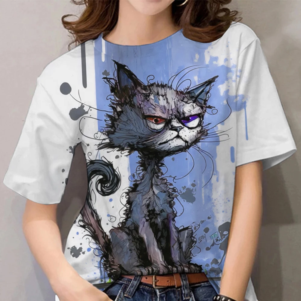 

2024 Fashion Women's T-Shirt Cartoon Cat Print Short Sleeve Tees Female Harajuku Ladies O-Neck T Shirt Oversized Women Clothing