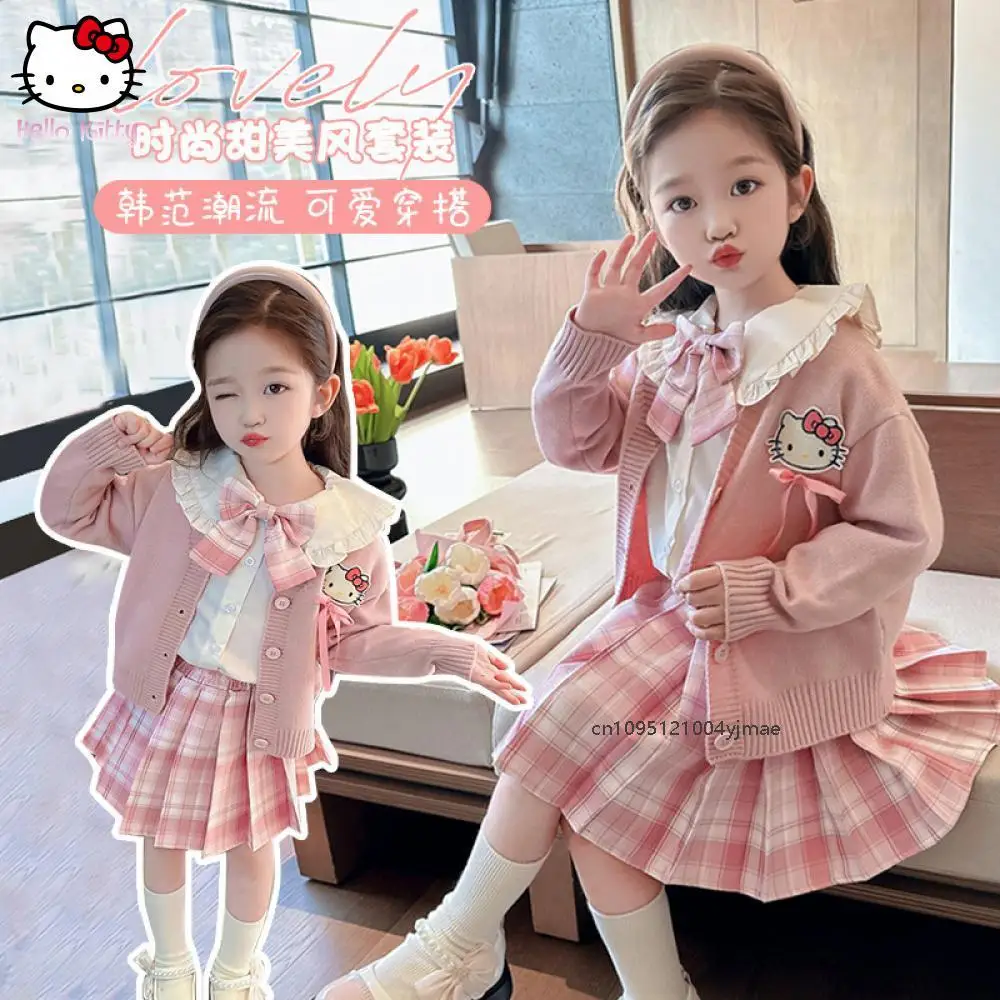 

3Pcs Girl's Jk Pleated Skirt Set Cardiganr Sweater Shirt Tie Uniform Hello Kitty Kuromi Sanrios Kids Fashion Autumn College Set