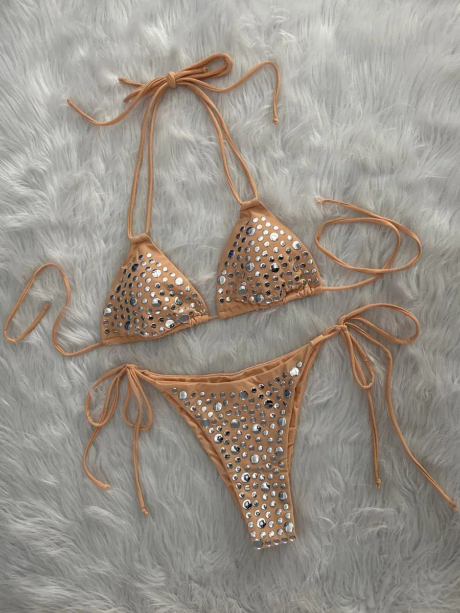 

2026 Halter Metallic Sequins Bikini Women Swimsuit Female Swimwear Two Pieces Bikini Set Bather Bathing Suit Swim Lady Beachwear